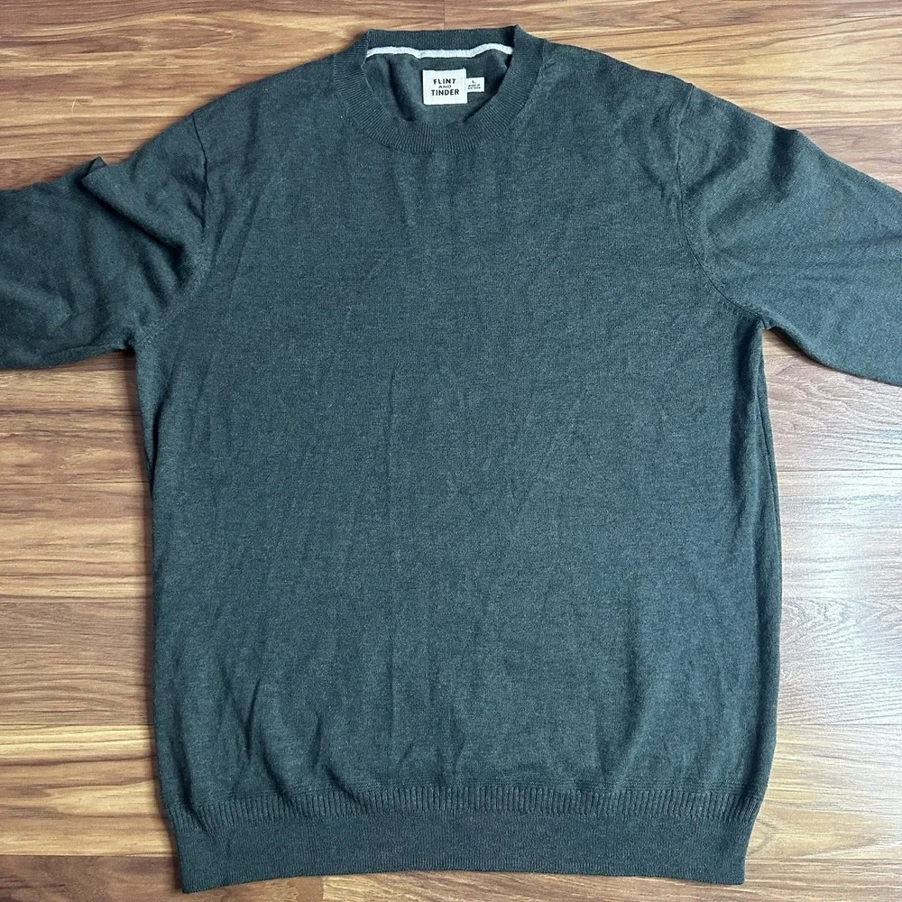 Flint & Tinder Sweater Mens Large Green Merino Wool Blend Crewneck Lightweight